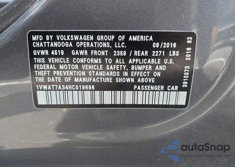 2017 Volkswagen Passat 1.8T S z USA, uszkodzony, nr VIN 1VWAT7A34HC019686